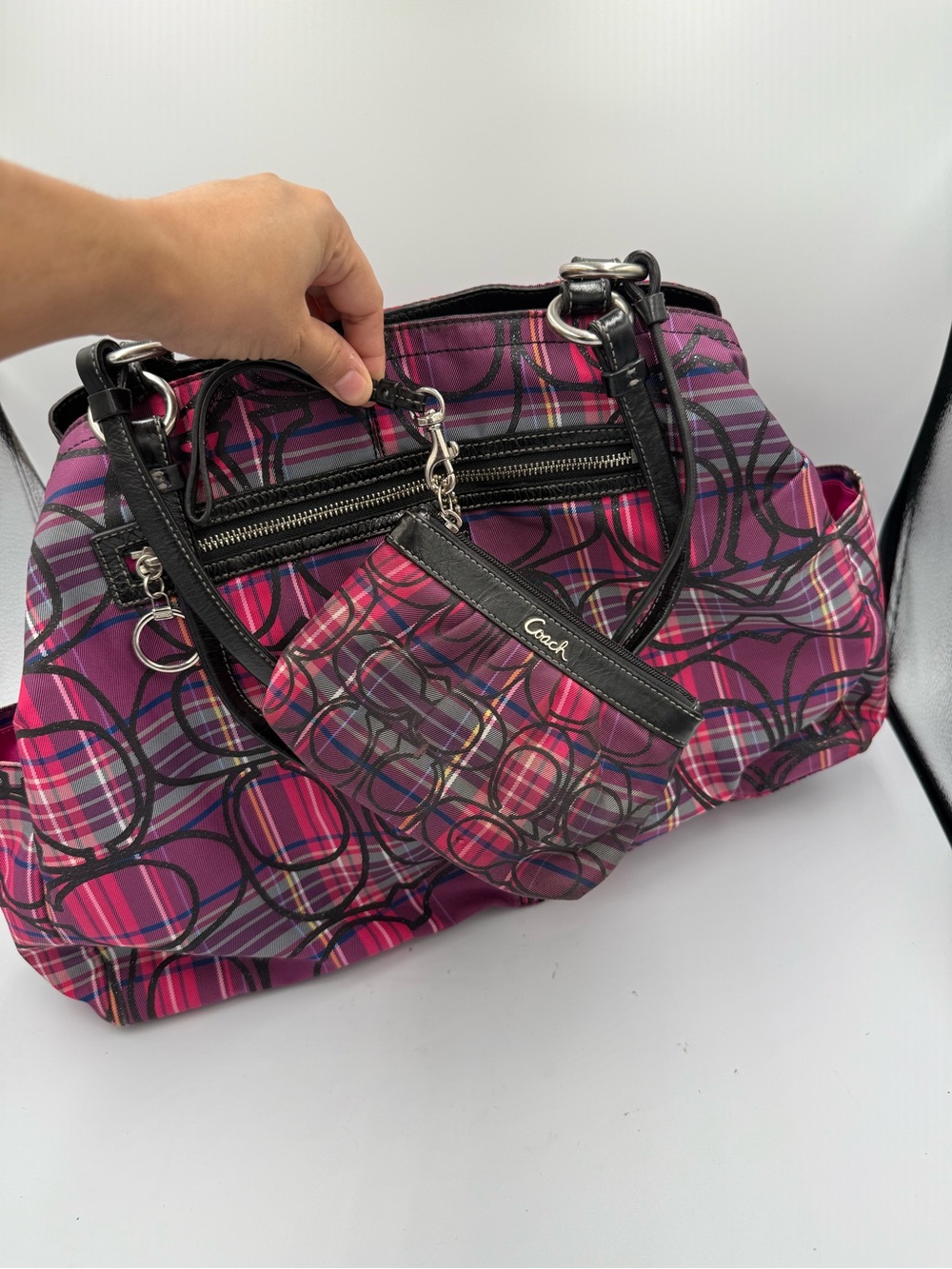 Coach Poppy Tartan Carryall Glitter Bag Pink/Black/Purple F15480